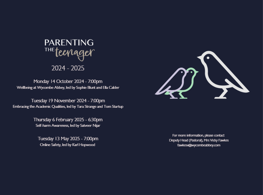 A navy poster displaying the dates and titles of Parenting the Teenager talks for 2024-2025.