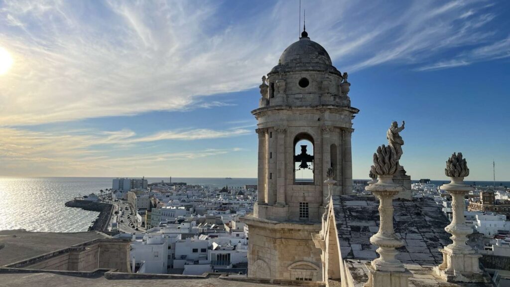 Cadiz from above, set amongst a blue sky.