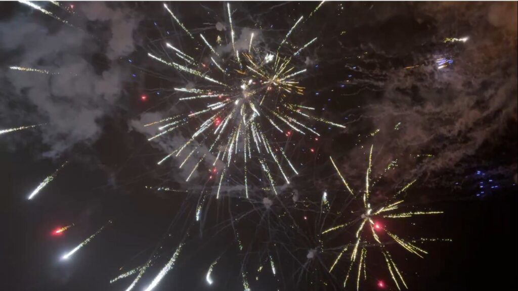 Gold, red and blue fireworks lighting up the night sky.