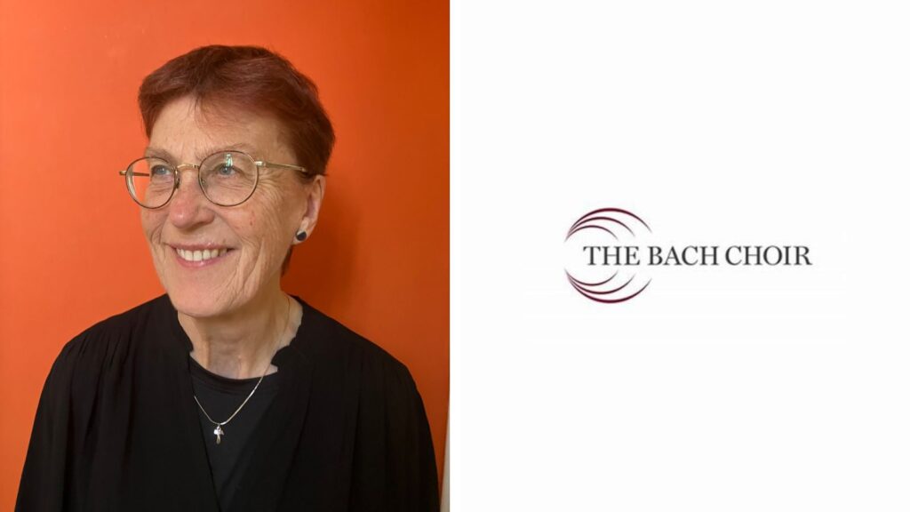 On the left, Barbara is smiling. On the right is The Bach Choir logo on a white background.