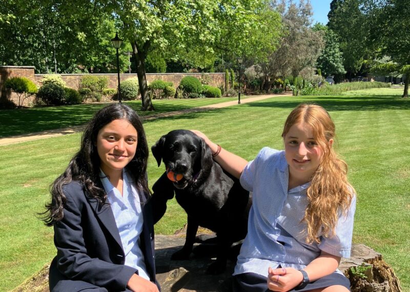 Isabella and Chiara sat either side of School therapy dog, Bella.