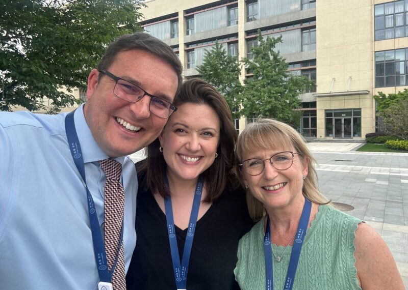 A selfie of Nick, Vicky and Margot outside Wycombe Abbey Changzhou.
