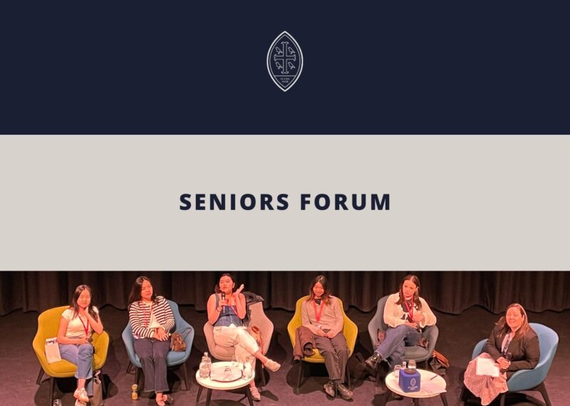 A graphic that reads 'Seniors Forum'. There is a picture of Seniors sat on chairs, on stage, whilst having a discussion.