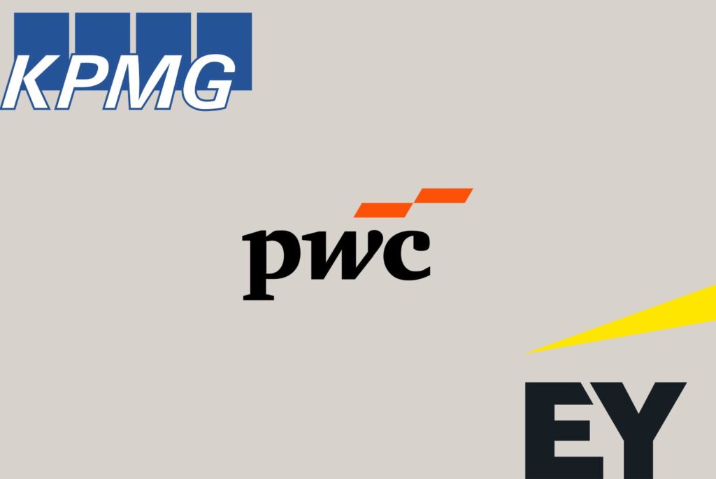 KPMG logo, pwc logo and EY logo.