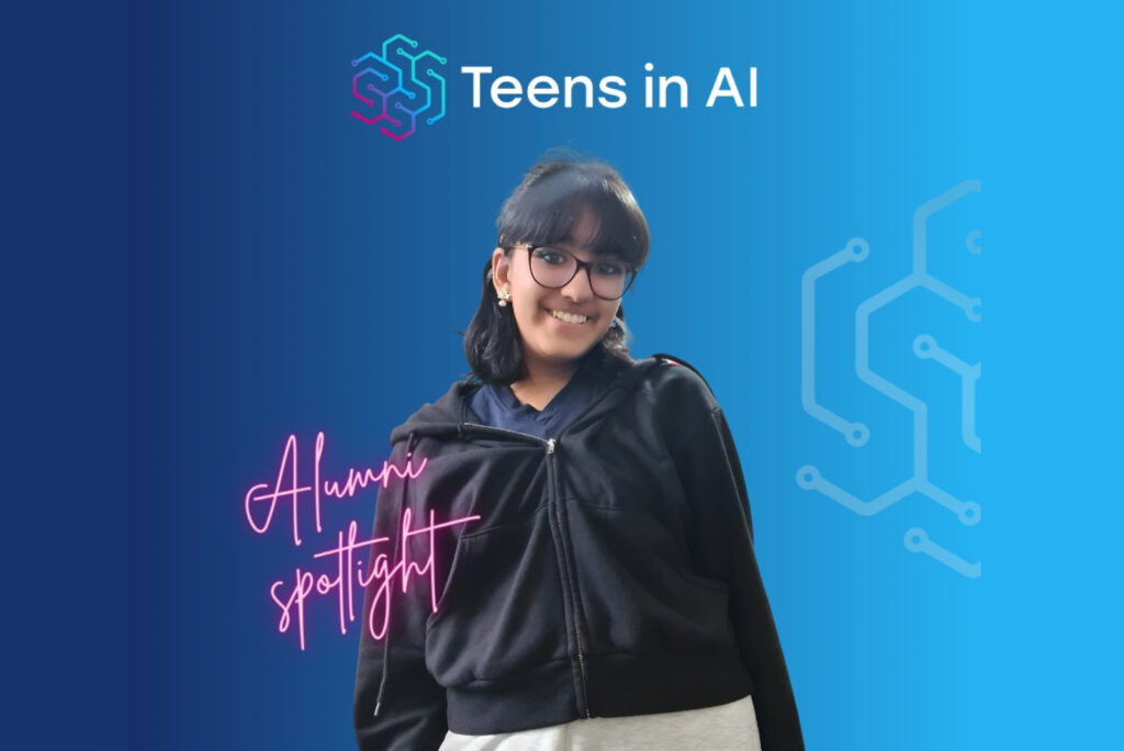 Girl against blue background with the Teens In AI logo above her